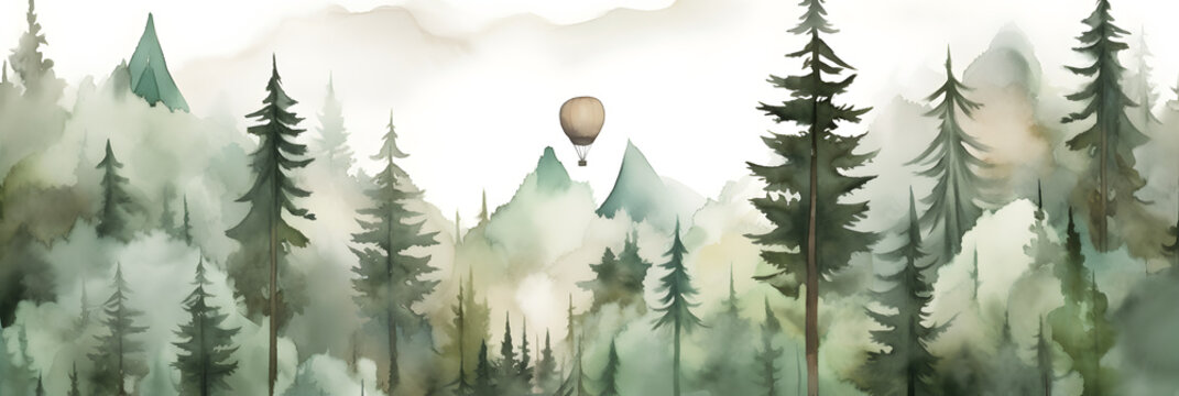aquarell forest mountains watercolor landscape hot air balloon
