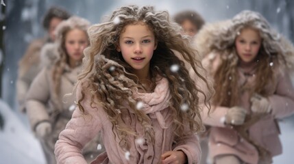 Teenage girls in smart winter clothes rejoice at the first snow. Winter childrens fashion.