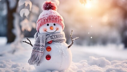 Funny snowman in winter forest at sunset. Christmas and New Year concept. - obrazy, fototapety, plakaty