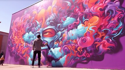 A graffiti artist creating a vibrant mural on a city wall.