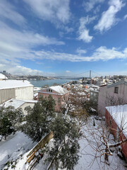 Bosphorus bridge and istanbul under snow in Turkey