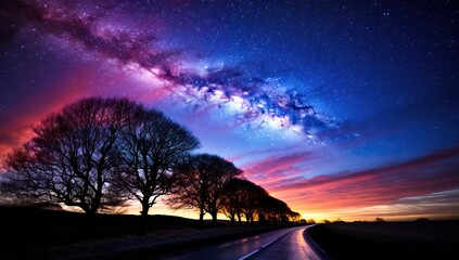 Milky Way over the road with silhouettes of trees at sunset