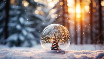 Fototapeta na wymiar Christmas tree in a glass ball on the background of the winter forest