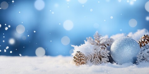 Christmas background with snow and christmas balls on bokeh background