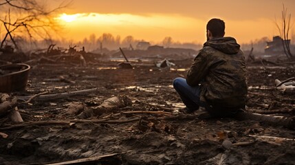 A sad man sits on the ground and looks his house razed to the ground by genocide