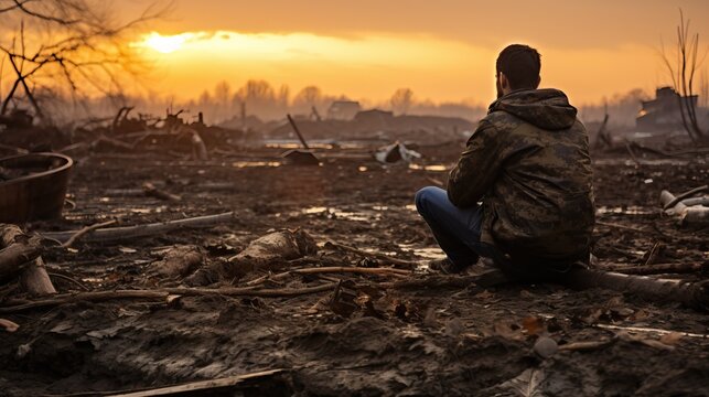 A sad man sits on the ground and looks his house razed to the ground by genocide