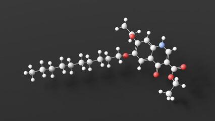 decoquinate molecule, molecular structure, quinolone coccidiostat, ball and stick 3d model, structural chemical formula with colored atoms