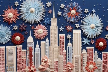 Embroidery of Independence Day fireworks in a big city's downtown among skyscrapers