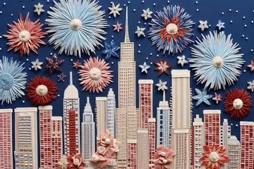 Fotobehang Embroidery of Independence Day fireworks in a big city's downtown among skyscrapers © kasha_malasha