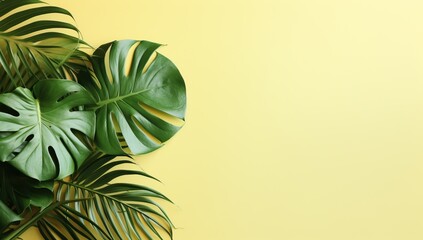 Fototapeta na wymiar Tropical leaves on yellow background, flat lay. Space for text
