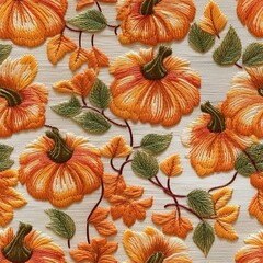 Fototapeta premium Seamless pumpkin pattern, embroidered harvest in an autumn color palette
