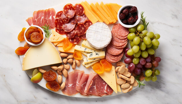 Charcuterie board of assorted cheeses, meats and appetizers. Top view on a white marble background