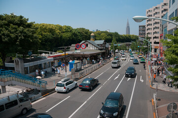 Traffic in front of old Harajuku station, Tokyo, Japan