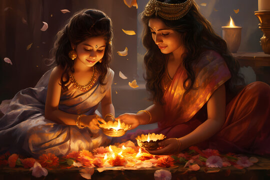 Diwali mother and child with candles