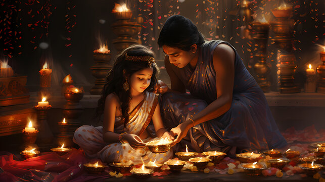 Diwali mother and child with candles