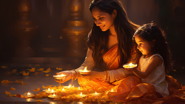 Diwali mother and child with candles