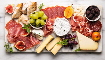 Fototapeta premium Charcuterie board of assorted cheeses, meats and appetizers. Top view on a white marble background