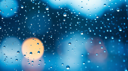 Drops of precipitation on azure glass backdrop with blurred out street lights in the autumn.