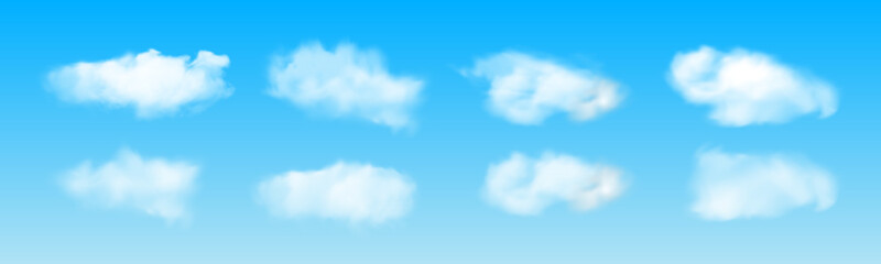 Set of transparent different clouds isolated on a blue background. Fog, smoke, cloud, cloudiness, mist and smog. Vector blue realistic background. Vector.