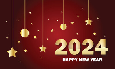 happy new year 2024 abstract greeting banner design. golden typography design with shadow effect and hanging dot star and gradient background. perfect for branding, banner, poster, cover, templates.
