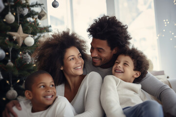 A young multiracial family sitting in their living room, having a fun time during the Christmas holidays