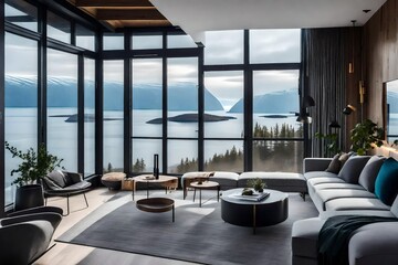 living room with steel steps and large windows, allowing for foggy fjord views - obrazy, fototapety, plakaty