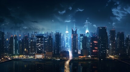 Fototapeta na wymiar A Beautiful Nighttime Cityscape with Illuminated Skyscrapers