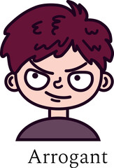 Hand drawn cartoon style. Boy with the emotion - arrogance. Emoticons with different emotional moods. vector illustration.