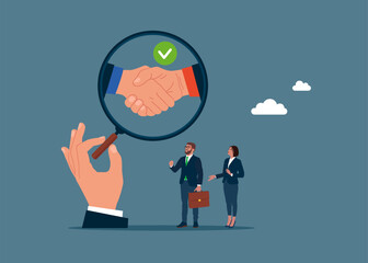 Hand holding magnifying glass zoom in shake hands and agree to do business. Negotiation for business. Vector illustration.