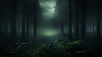 An enigmatic, foggy, and dimly-lit woodlandscape exuding a mysterious aura.