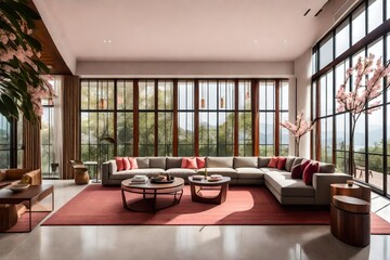 living room with olive steps and large windows, allowing for cherry blossom views