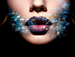 Lady with words written around the lips from a mouth, in the style of social network analysis.
