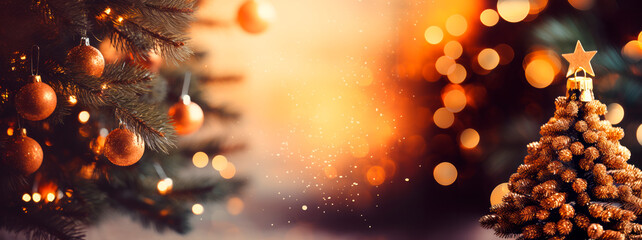 Festive winter christmas festive background with christmas tree christmas ornaments and background with blurred bokeh