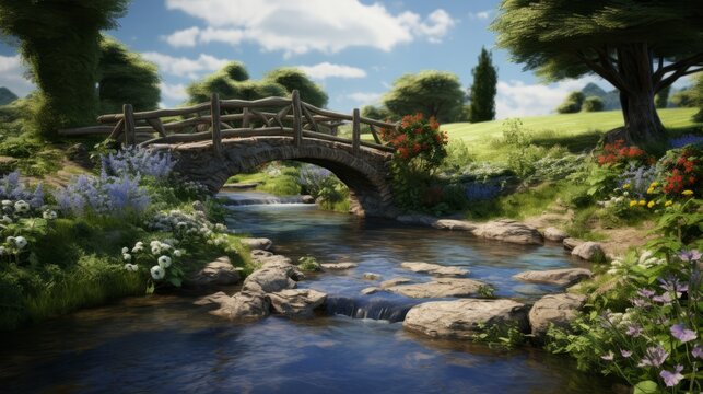 A peaceful countryside scene featuring a winding river.