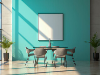 Rectangular Glass Table, Bent Metal Chairs on Concrete Floor, Mock Up Poster on Cyan Wall. Contemporary Modern-Minimalist Dining Room.