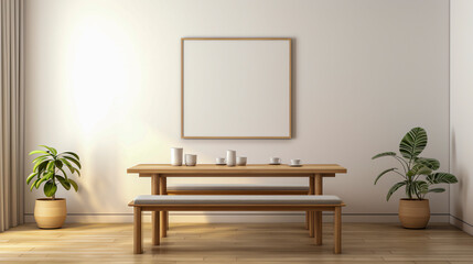 Mixed Wood Table, Cushioned Bench Seating on Herringbone Wood Floor, Mock Up Poster on Panelled Wall. Cozy Modern-Minimalist Dining Room.