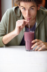 Man, smile and portrait for drink smoothie or fruit breakfast beverage, morning fibre or healthy...