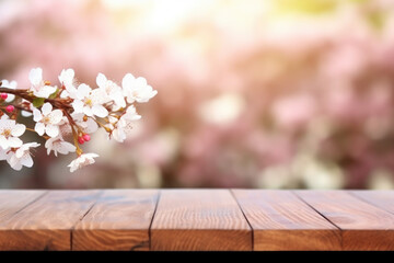 Naklejka na ściany i meble wooden table against the background of blooming sakura. pink texture with place for text. copy space. blur and bokeh.