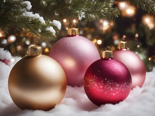 Fototapeta na wymiar a set of Red, pink, Gold, and cream Christmas balls.Generated by AI