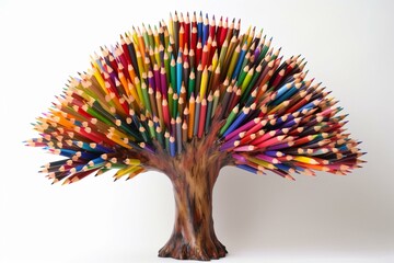 A tree adorned with vibrant wooden crayons, illustrating the essence of painting and education. Set against a plain white background. Generative AI
