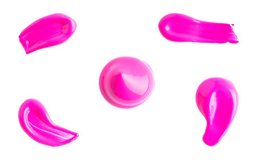 Set of smears pink lip gloss isolated. Swipes lipstick on white background. Swatches of pink lipgloss. Smudged makeup cosmetic product sample