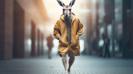 Kangaroo Walking on a sidewalk in costume,  in the style of hip hop aesthetics
