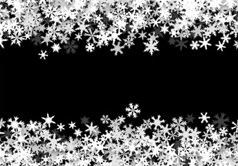 Christmas background with falling snowflakes. Winter holiday background or frame with pattern of layered snow.