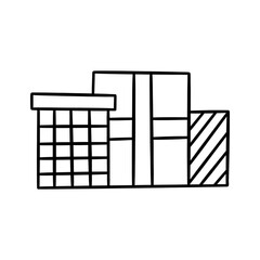 Set of three cute festive gift boxes. Merry Christmas and Happy New Year. Happy Birthday. Black and white vector isolated card or postcard illustration hand drawn doodle. Holiday present contour icon