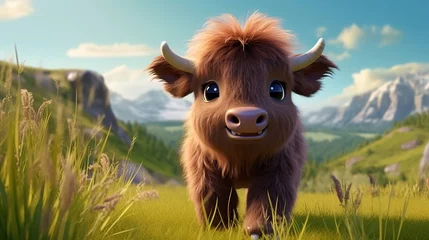 Poster Im Rahmen Cute scene of a baby buffalo in nature, illustration in 3d cartoon style. Created with Generative Ai technology. © Viktor