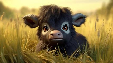Fototapeten Cute scene of a baby buffalo in nature, illustration in 3d cartoon style. Created with Generative Ai technology. © Viktor