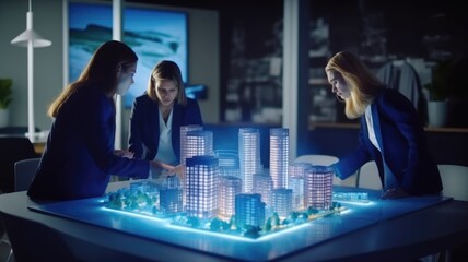 Fototapeta na wymiar Hologram blue 3d render city model on table in real estate business. Futuristic business building concept