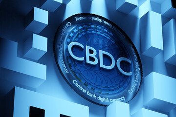 CBDC background. Digital financial technologies. Blue CBDC coin. Blockchain money from central bank. CBDC cryptocurrency. Central bank digital currency. Analogue of fiat currency. 3d image - obrazy, fototapety, plakaty