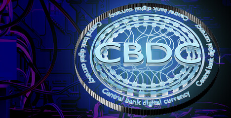 Central bank digital currency. CBDC coin. Electronic money. Blockchain economics. CBDC exchange for fiat. CBDC coin with wires on blue. Financial tech. Centralization cryptocurrencies. 3d image