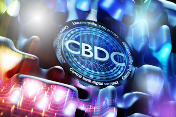 CBDC coin. Central bank digital currency. Introduction of information into financial market. CBDC technologies. Replacing fiat money with blockchain. CBDC exchange on crypto exchange. 3d image - obrazy, fototapety, plakaty